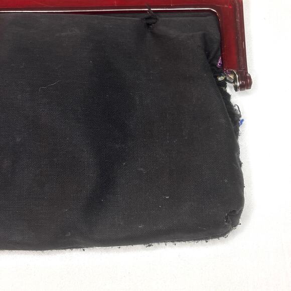 Vintage 1950s Tapestry Clutch Change Purse Kiss Lock Black Floral Lucite AS IS - Picture 6 of 16